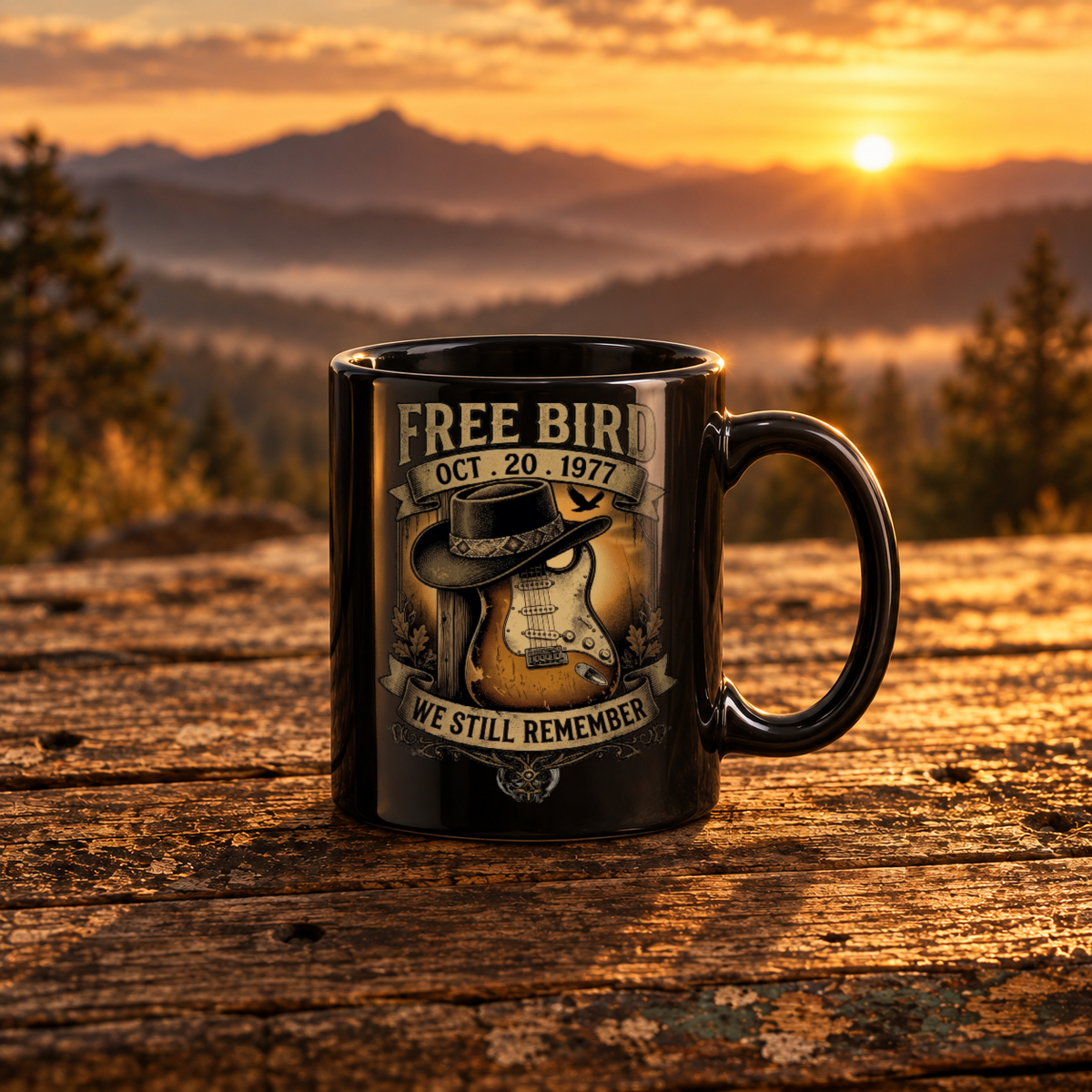 Black glossy ceramic mug printed with the We Still Remember Oct 20, 1977 tribute design, resting on weathered wood at sunrise