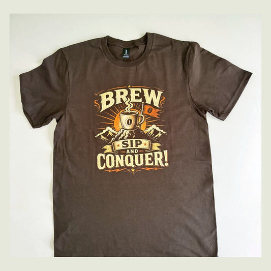 Brew, Sip & Conquer Mountain Tee laid flat — dark chocolate Gildan Softstyle t-shirt with a sunrise, mountain range and coffee mug design