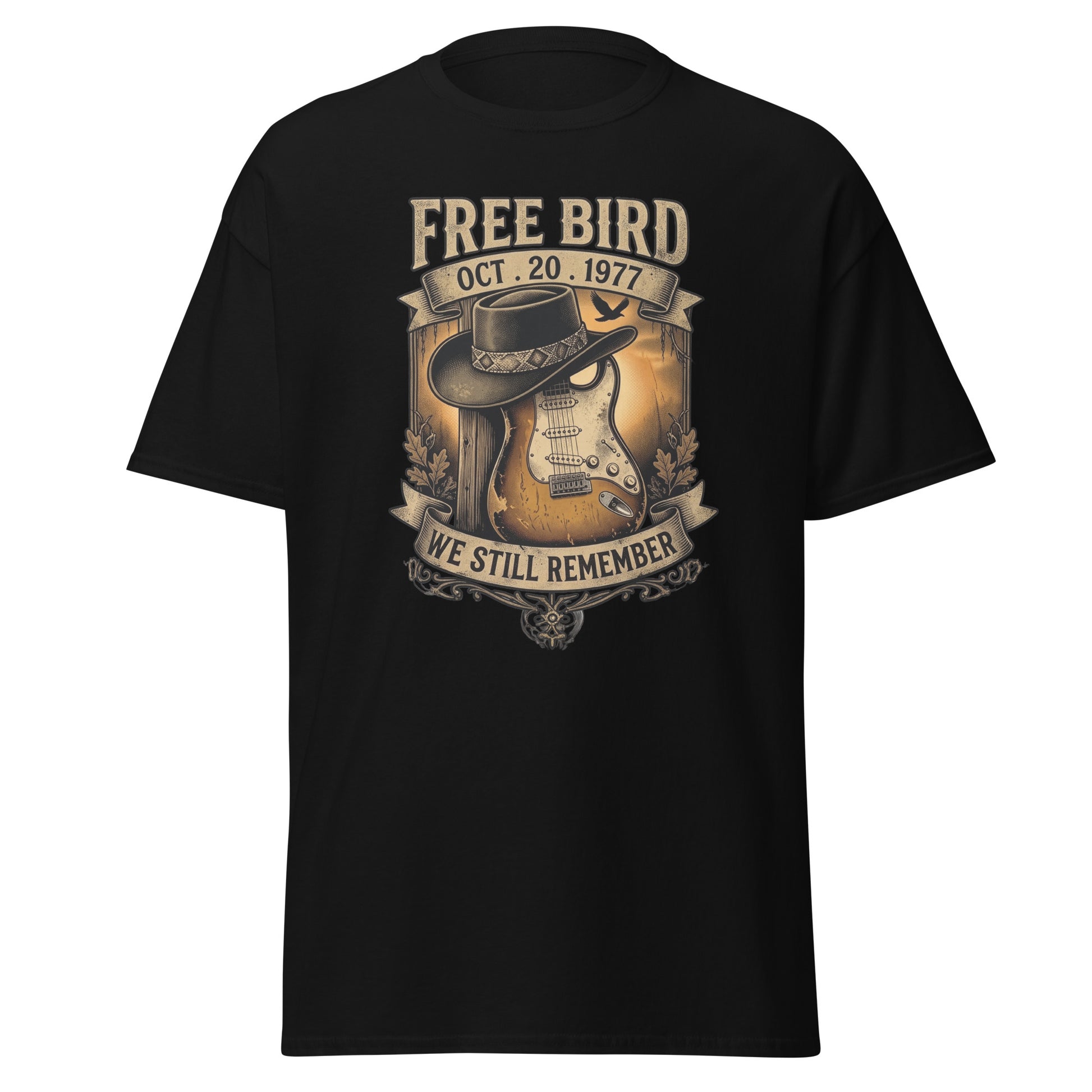 We Still Remember tribute t-shirt in black — black wide-brim hat resting on a sunburst Stratocaster, Free Bird banner, October 20 1977