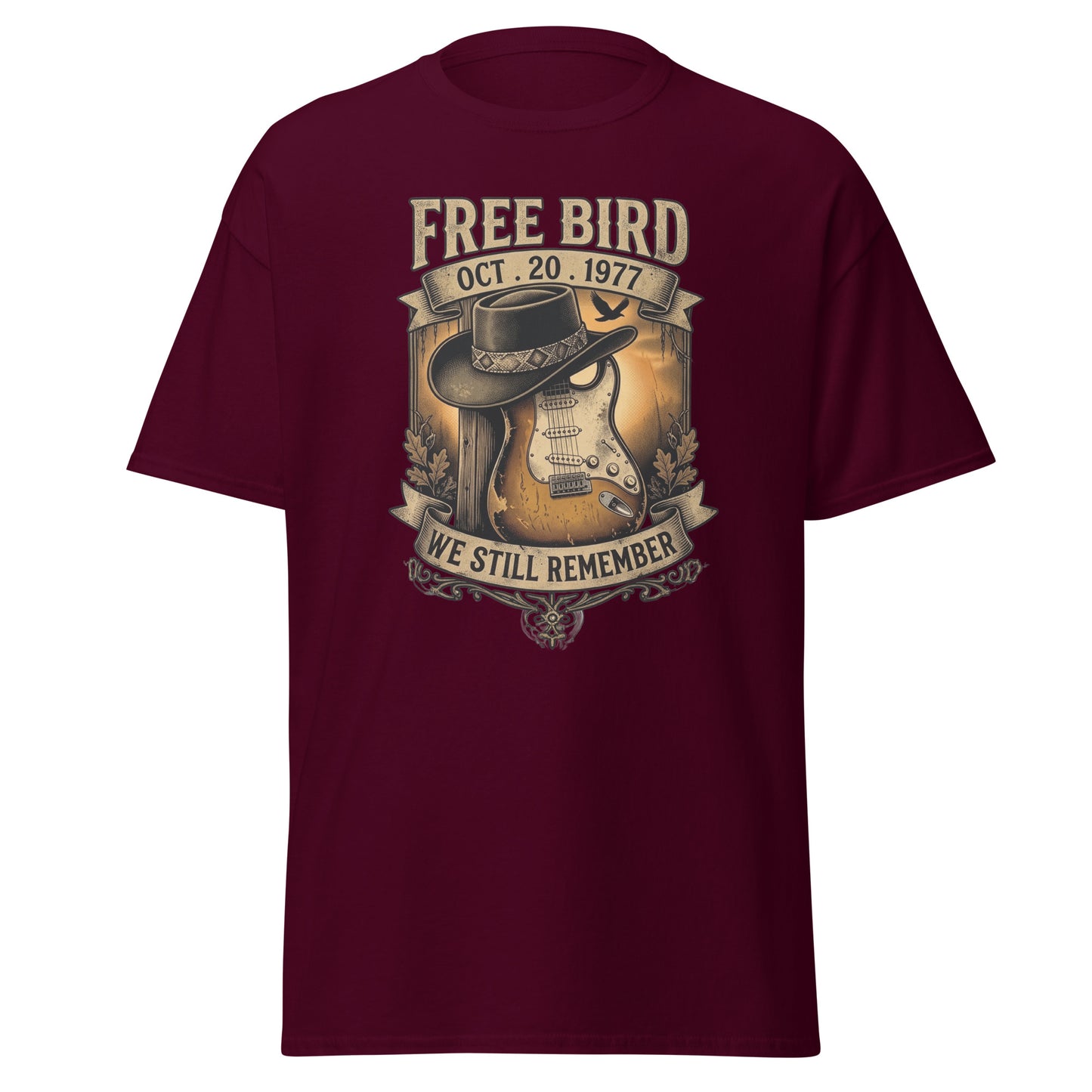 We Still Remember Southern rock tribute tee in maroon, front view — hat, guitar and swamp sunset artwork